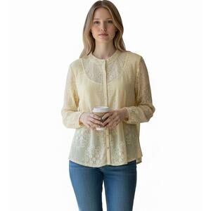 Vtg J. JILL Stretch Cream Lace Blouse Button Up Top Long Sleeve Women’s Size XL